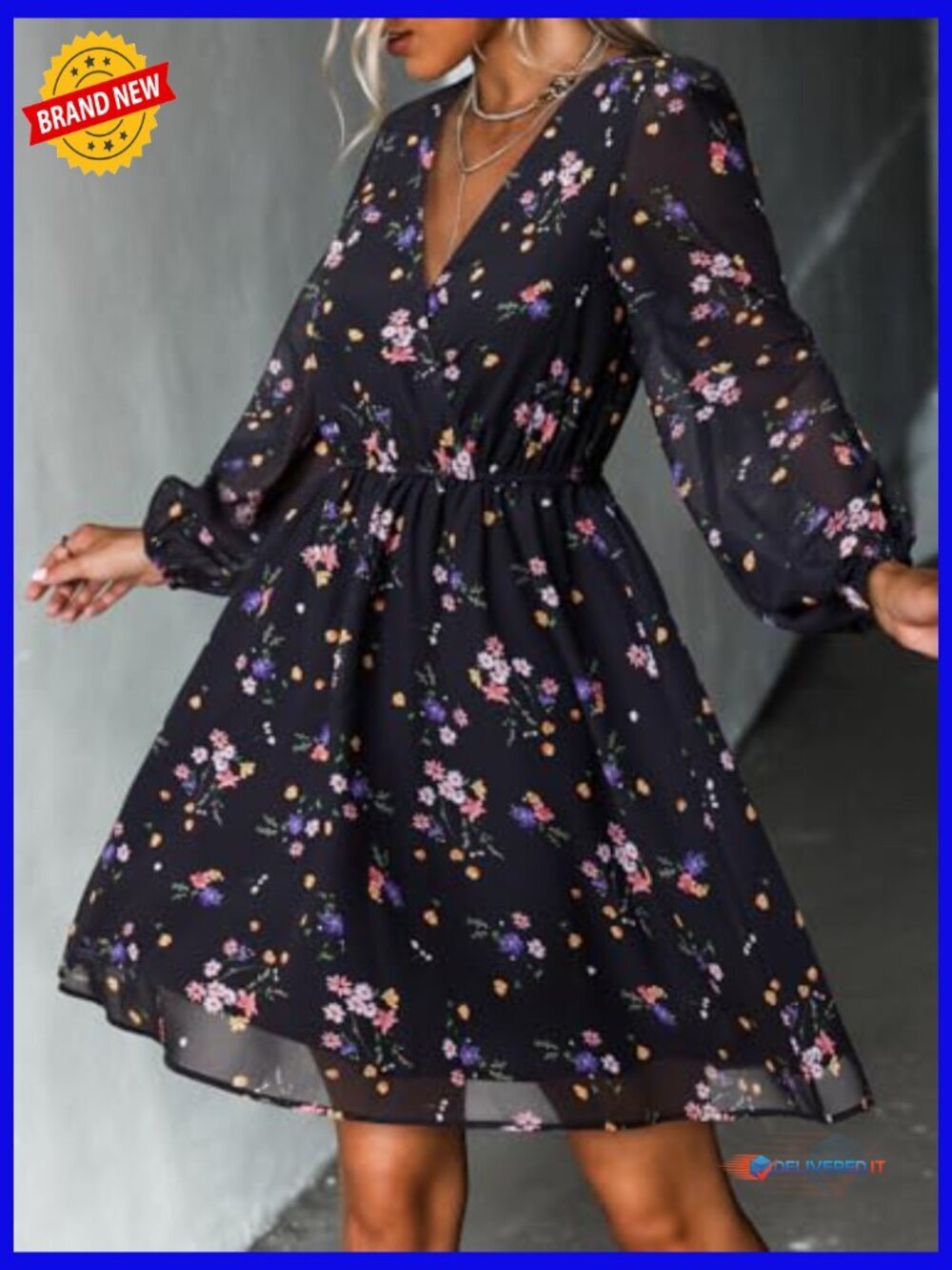 V Neck Chiffon Mini Dress Flowy Long Peasant Sleeve - Picture 5 of 6